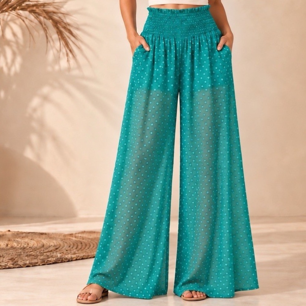 America & Beyond Malibu Wide Leg Trouser S Teal Sheer Boho Luxe Resort Palazzo